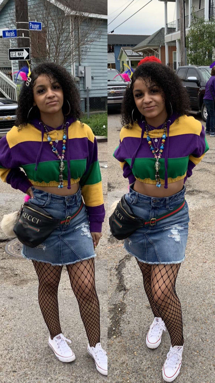 Colorful Stripe Elastic Crop Mardi Gras Hoodie