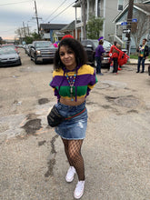 Load image into Gallery viewer, Colorful Stripe Elastic Crop Mardi Gras Hoodie
